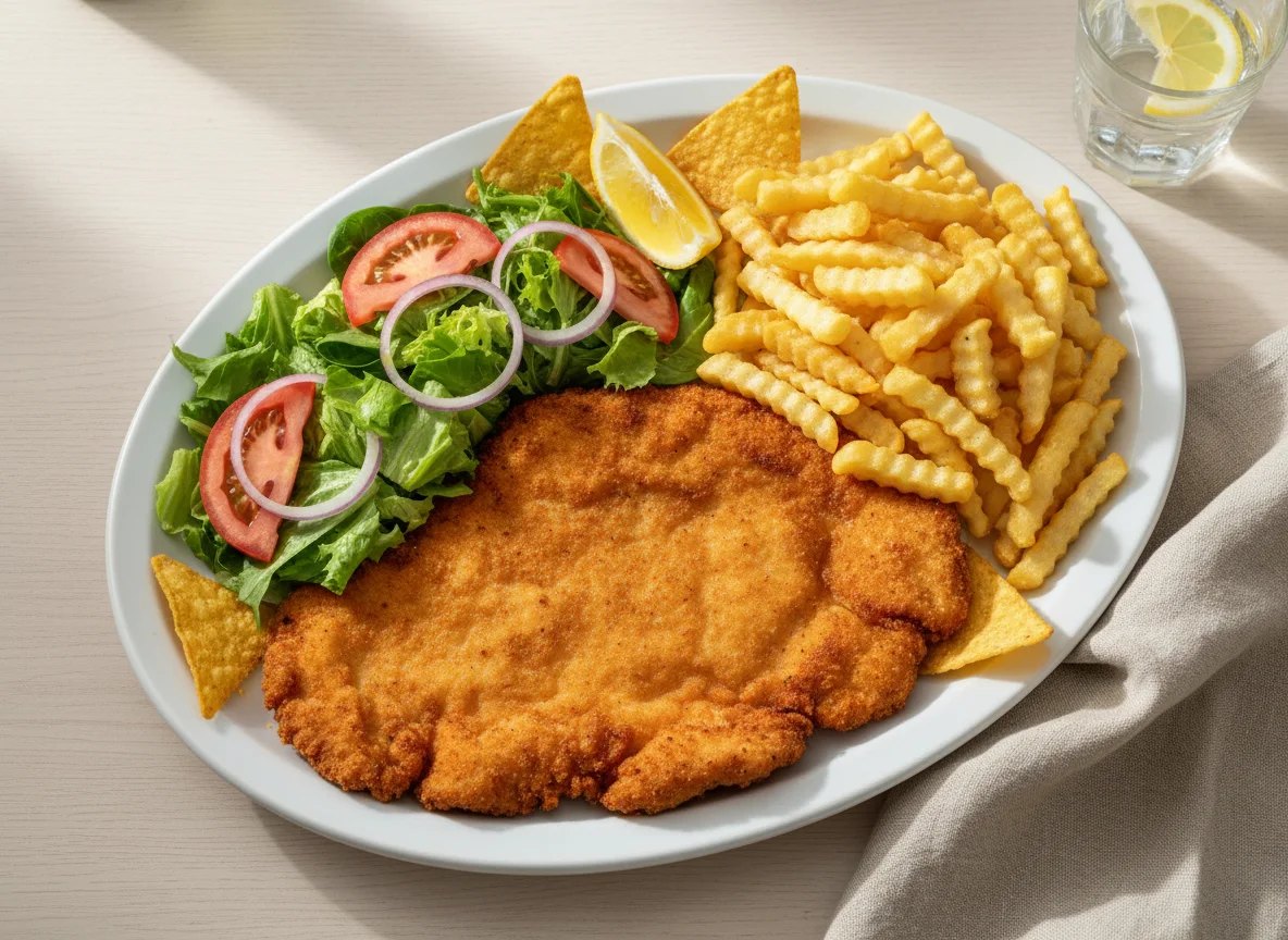 Milanesa de pollo con papas fritas y ensalada photo