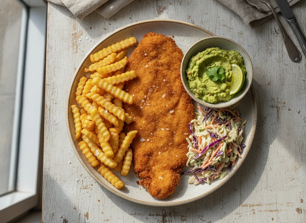 Milanesa de pollo con papas fritas y guacamole photo