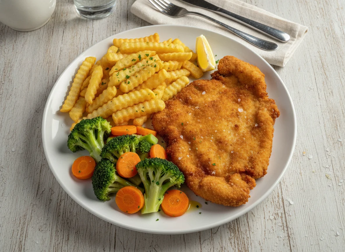 Milanesa de pollo con papas fritas y vegetales photo