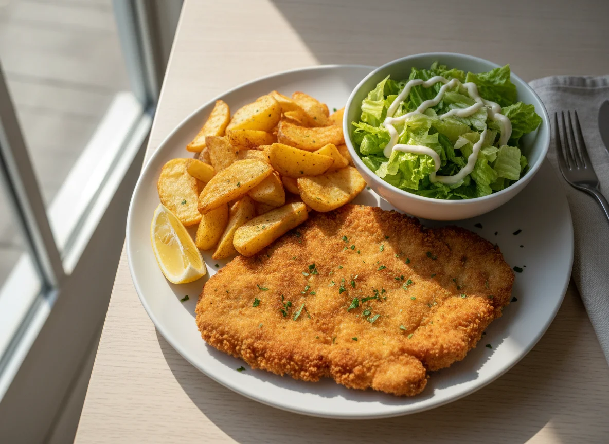 Milanesa de pollo con papas rústicas y ensalada photo