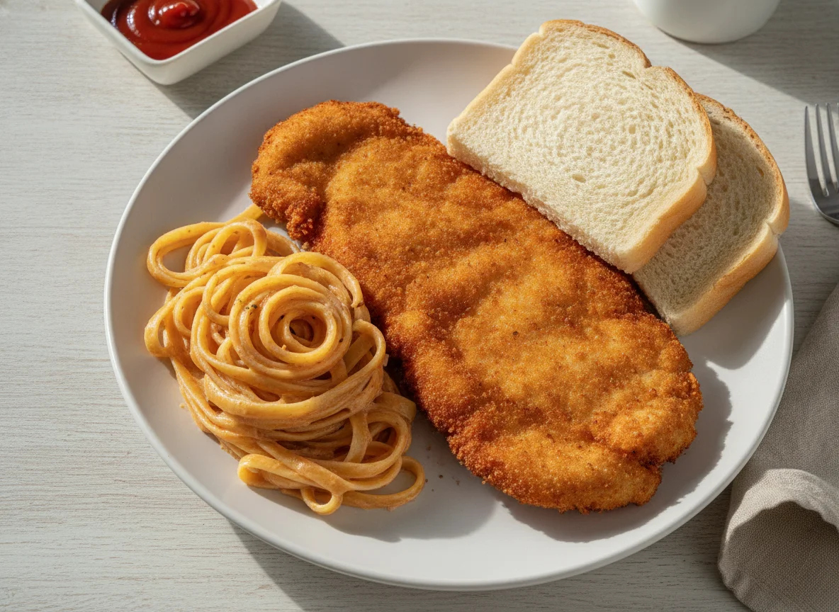 Milanesa de pollo con pasta cremosa y pan blanco photo