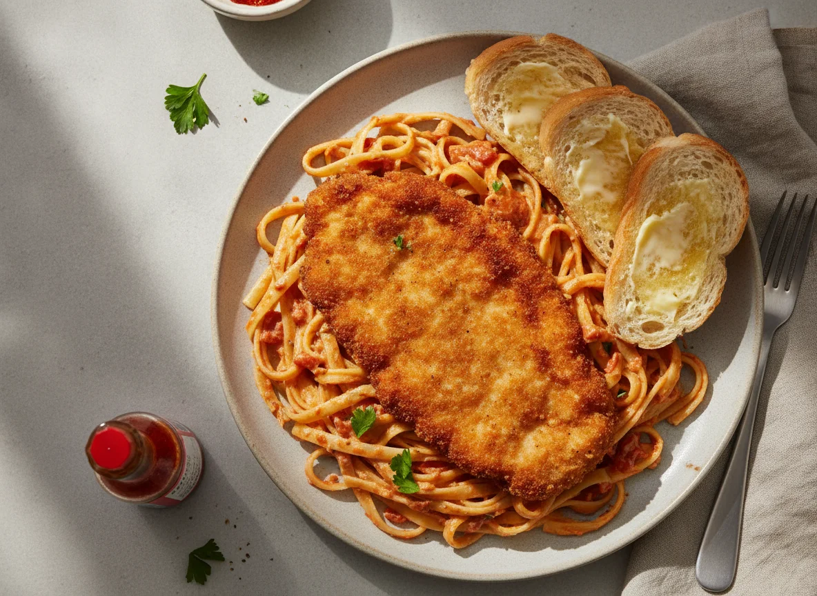 Milanesa de pollo con pasta cremosa y pan con mantequilla photo