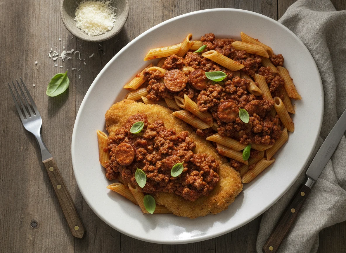 Milanesa de pollo con pasta penne y salsa boloñesa con salchicha photo