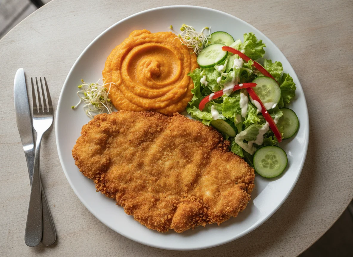 Milanesa de pollo con puré de camote y ensalada mixta photo