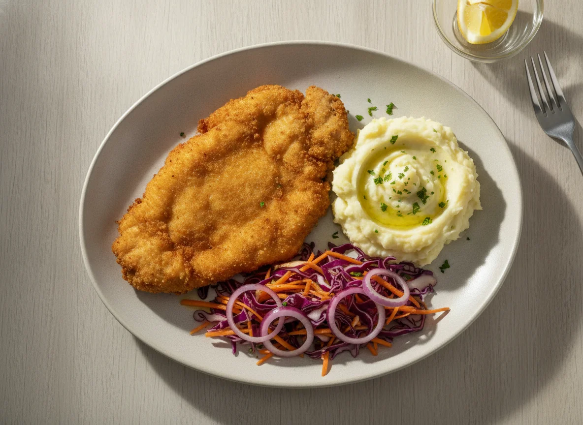 Milanesa de pollo con puré de papa y ensalada de col morada photo