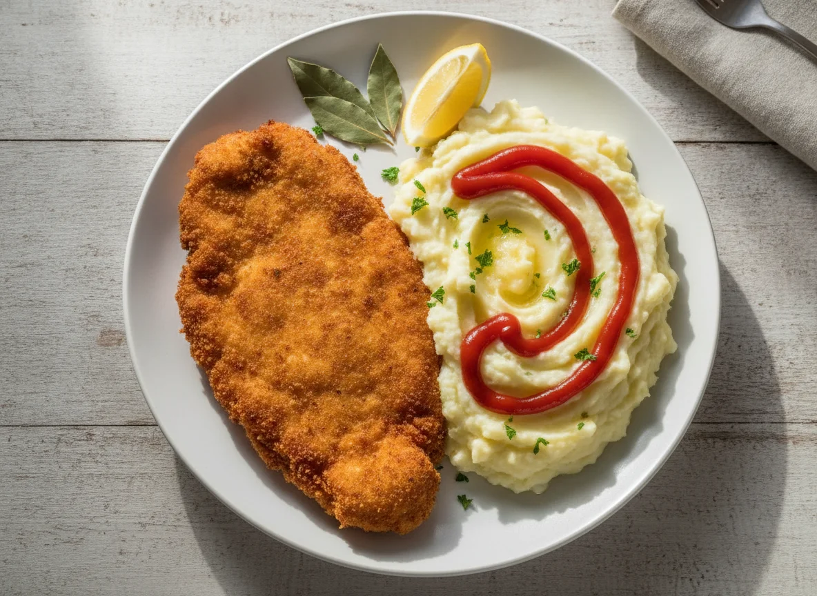 Milanesa de pollo con puré de papas y ketchup photo