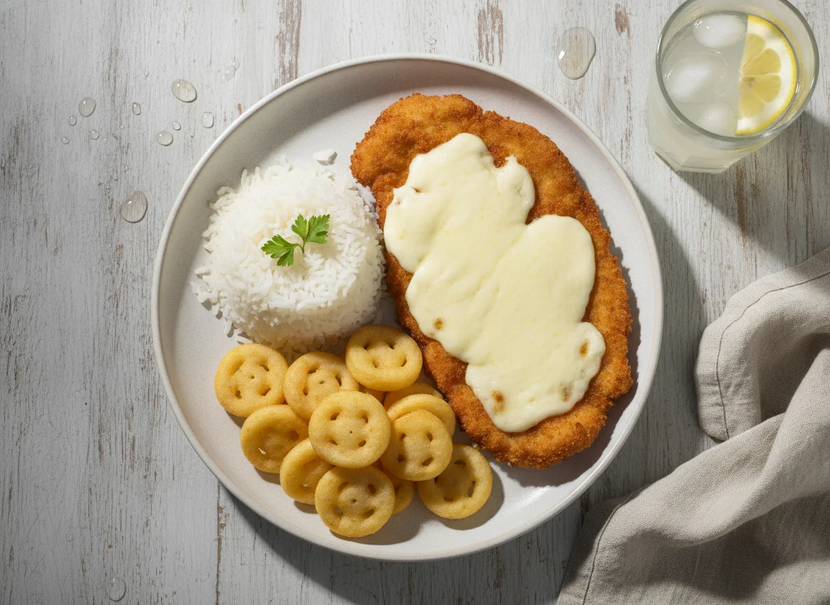 Milanesa de pollo con queso, arroz blanco y papas carita photo