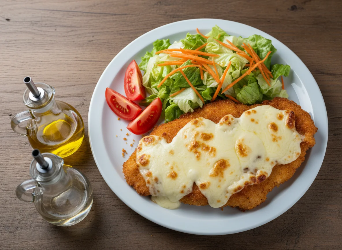 Milanesa de pollo con queso y ensalada photo