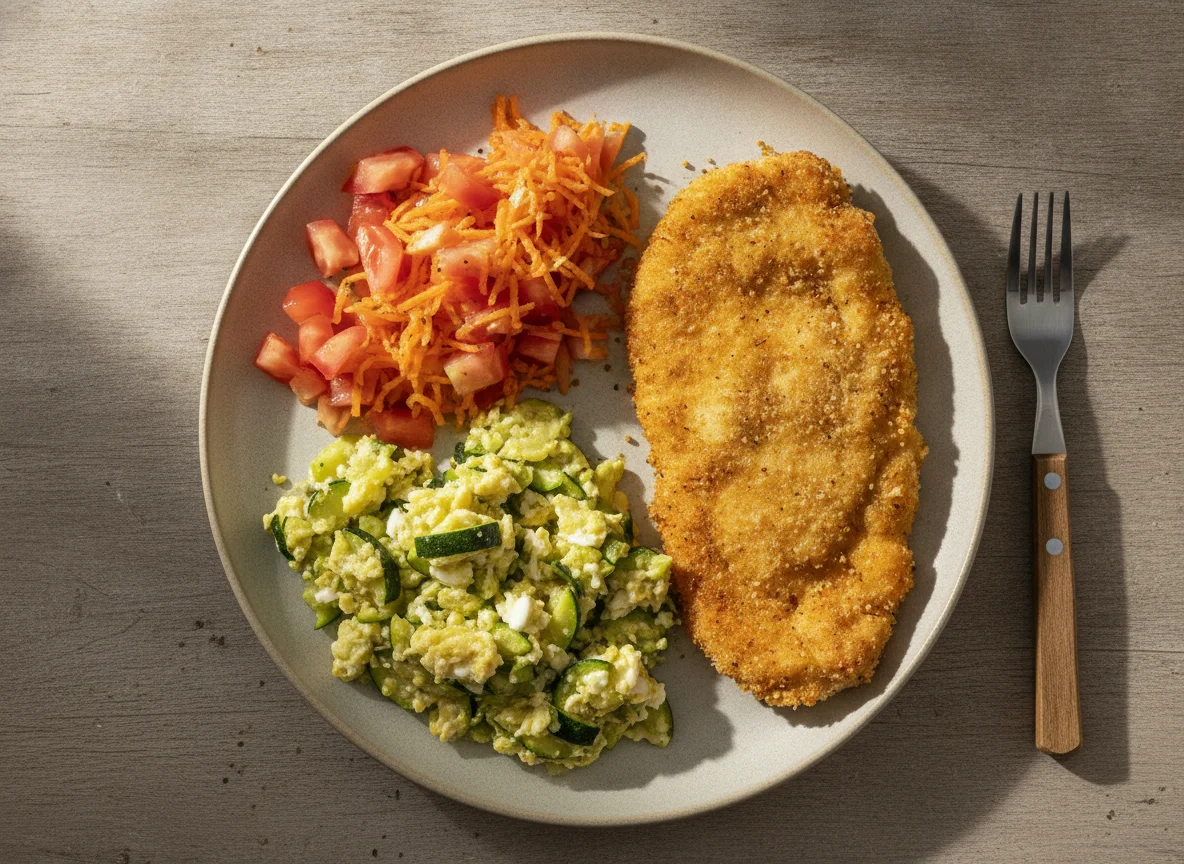 Milanesa de pollo con revuelto de zapallitos y ensalada photo