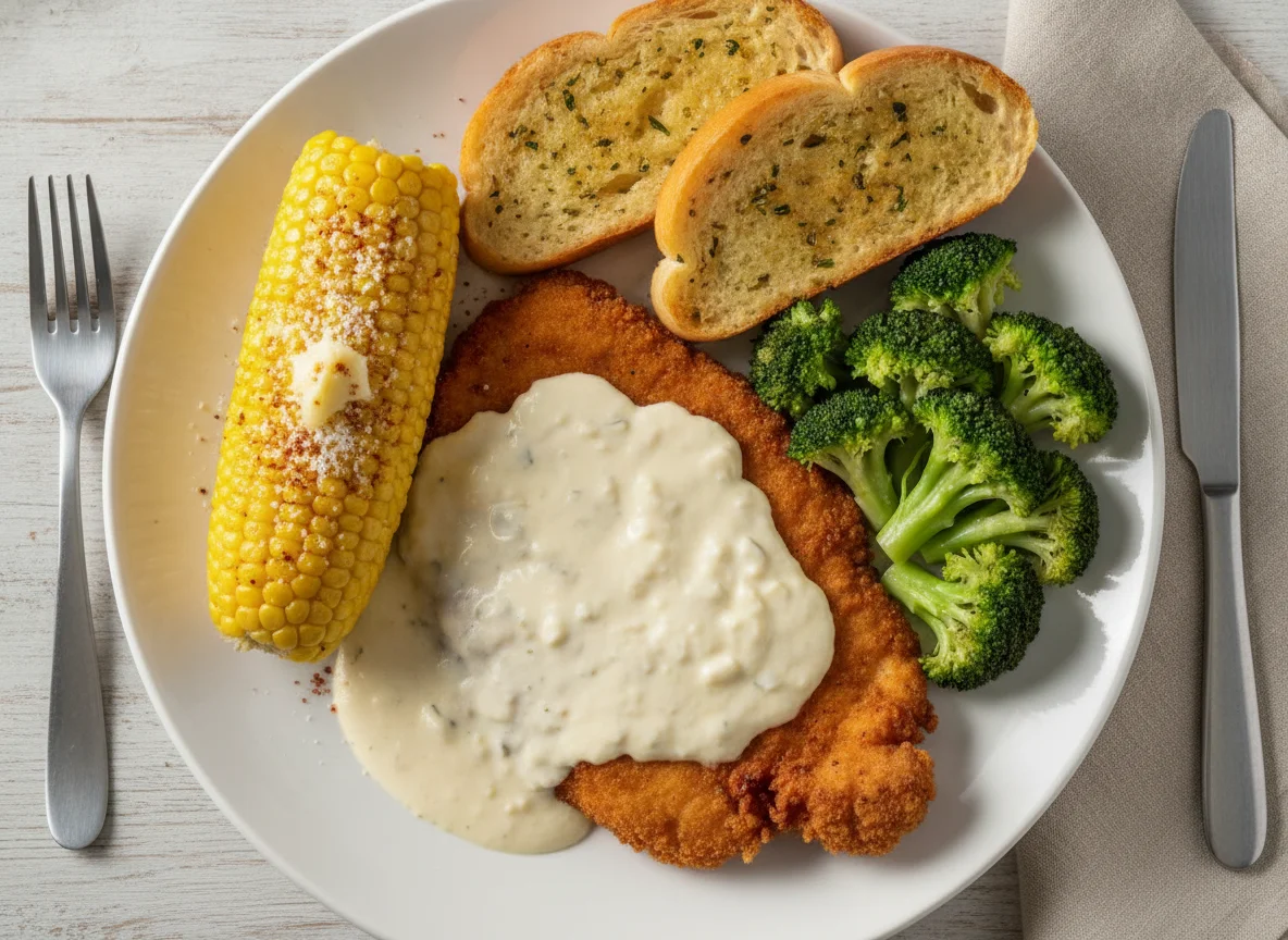 Milanesa de pollo con salsa blanca, elote y brócoli photo
