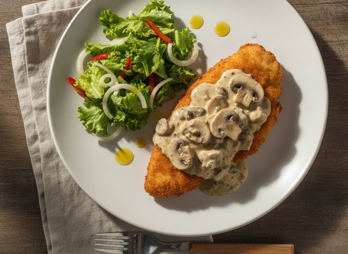 Milanesa de pollo con salsa y ensalada photo