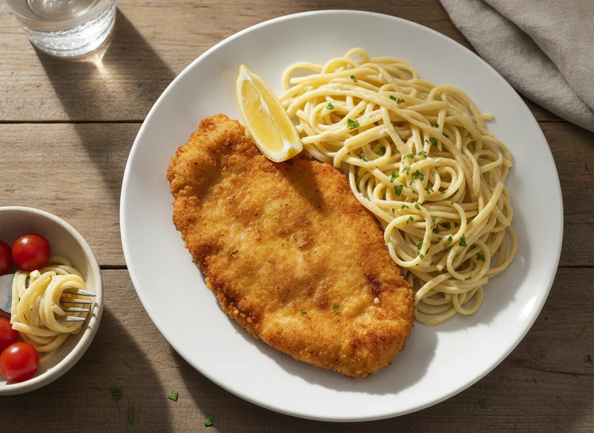 Milanesa de pollo con tallarines photo