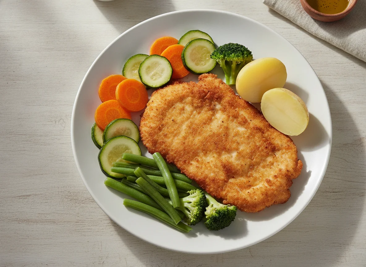 Milanesa de pollo con verduras al vapor photo