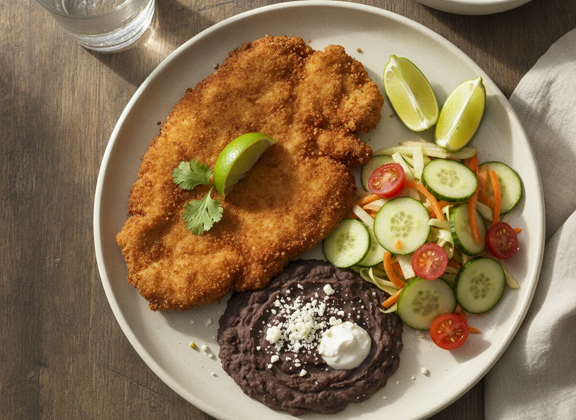 Milanesa de pollo con verduras y frijoles photo