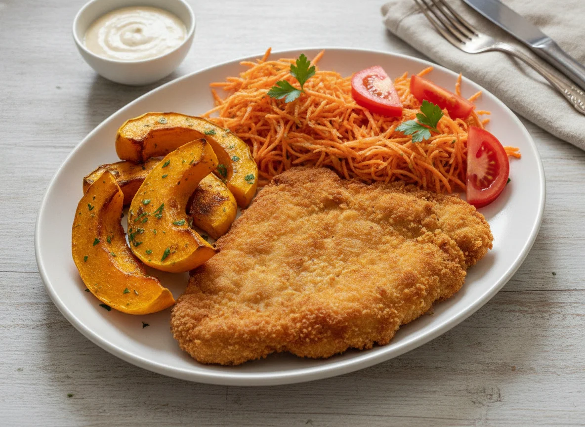 Milanesa de pollo con zapallo y ensalada de zanahoria photo