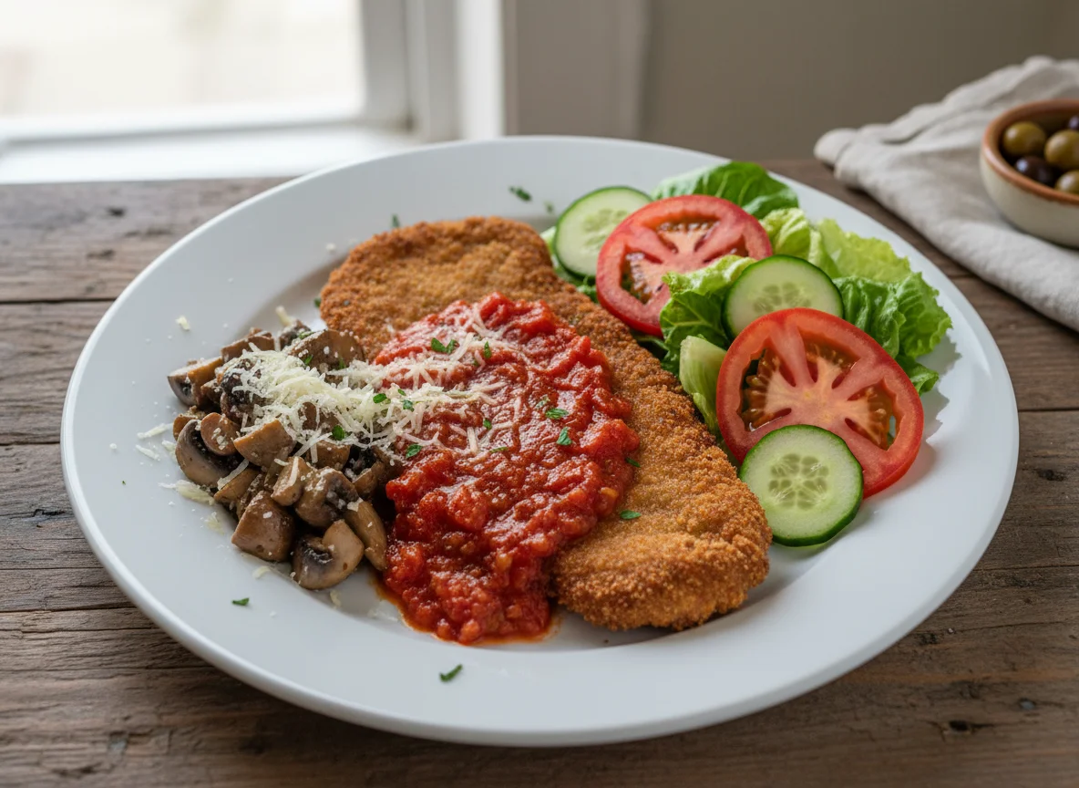 Milanesa de res con ensalada y champiñones photo