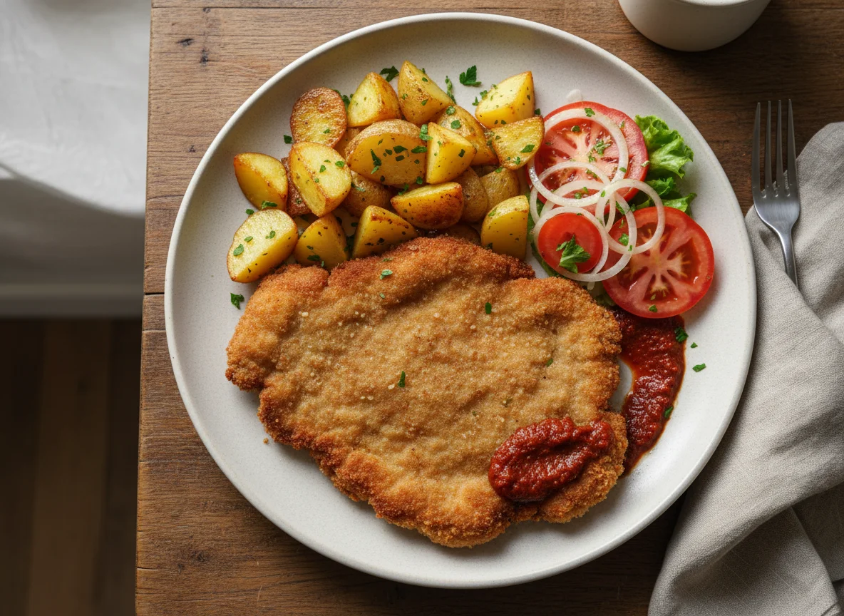 Milanesa de res con papas salteadas y ensalada photo
