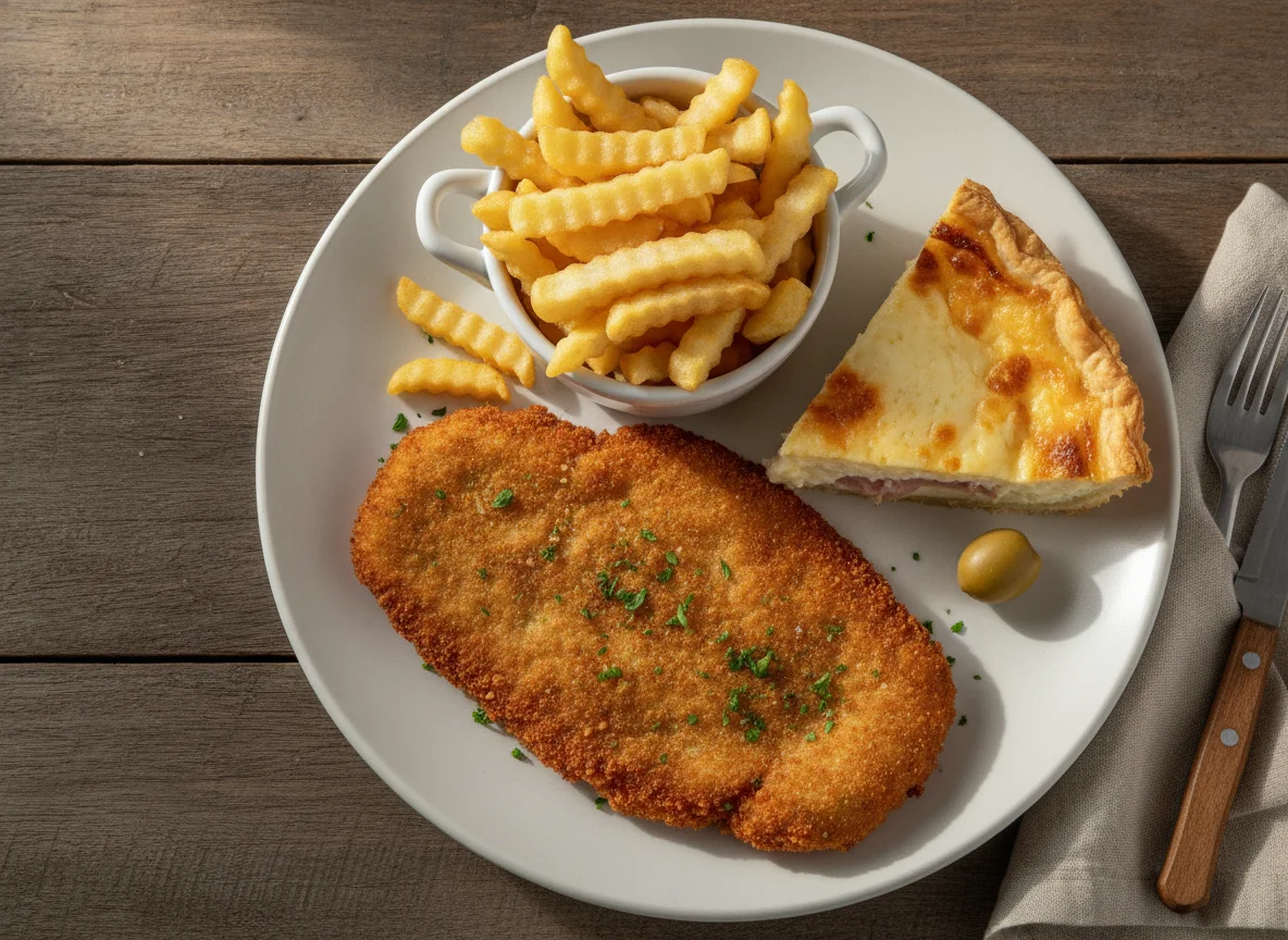 Milanesa de soja con papas fritas y porción de tarta photo