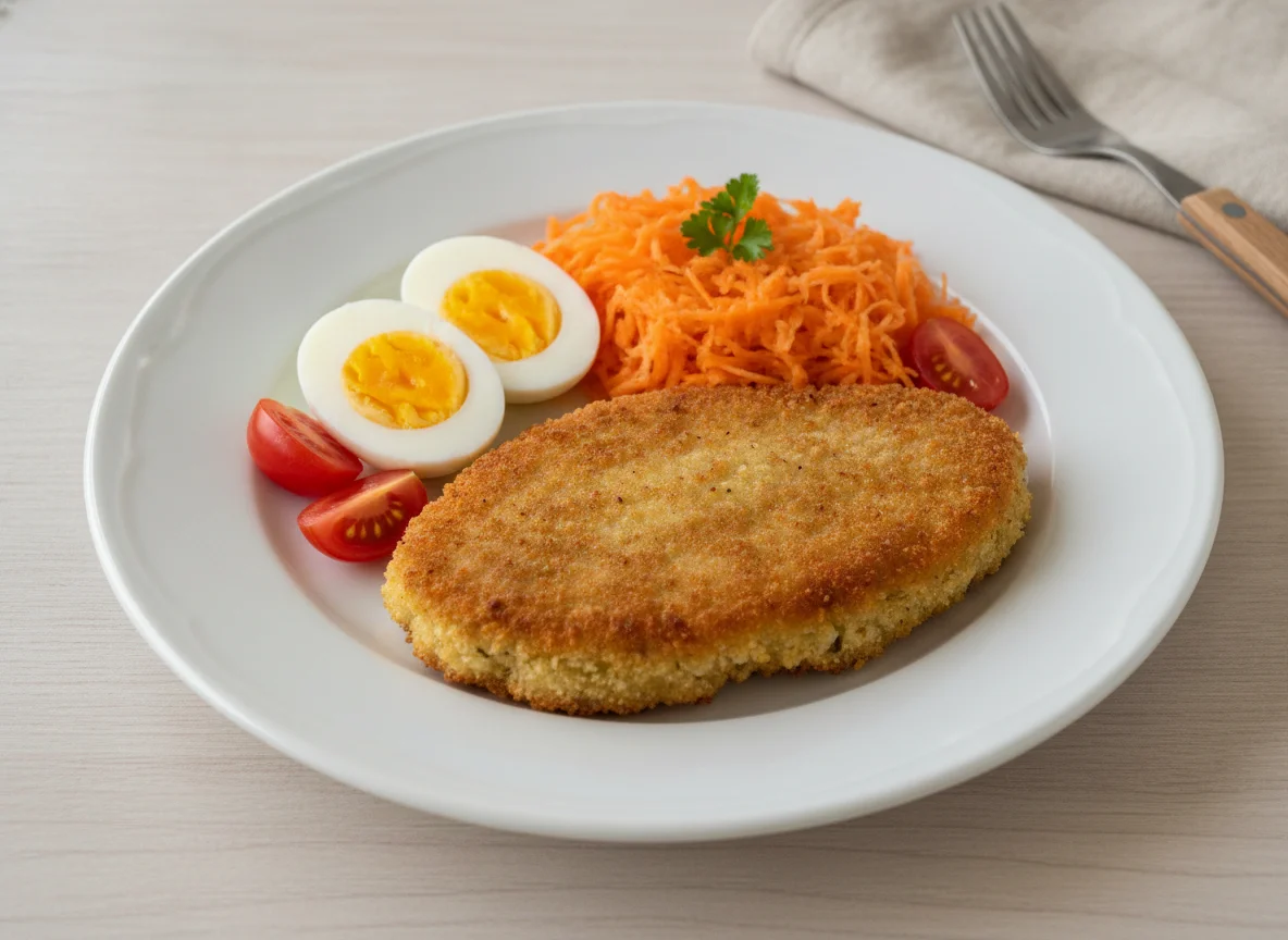Milanesa de vegetales con ensalada de zanahoria y huevo photo
