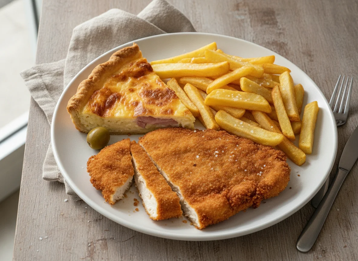 Milanesa, papas fritas y porción de tarta photo