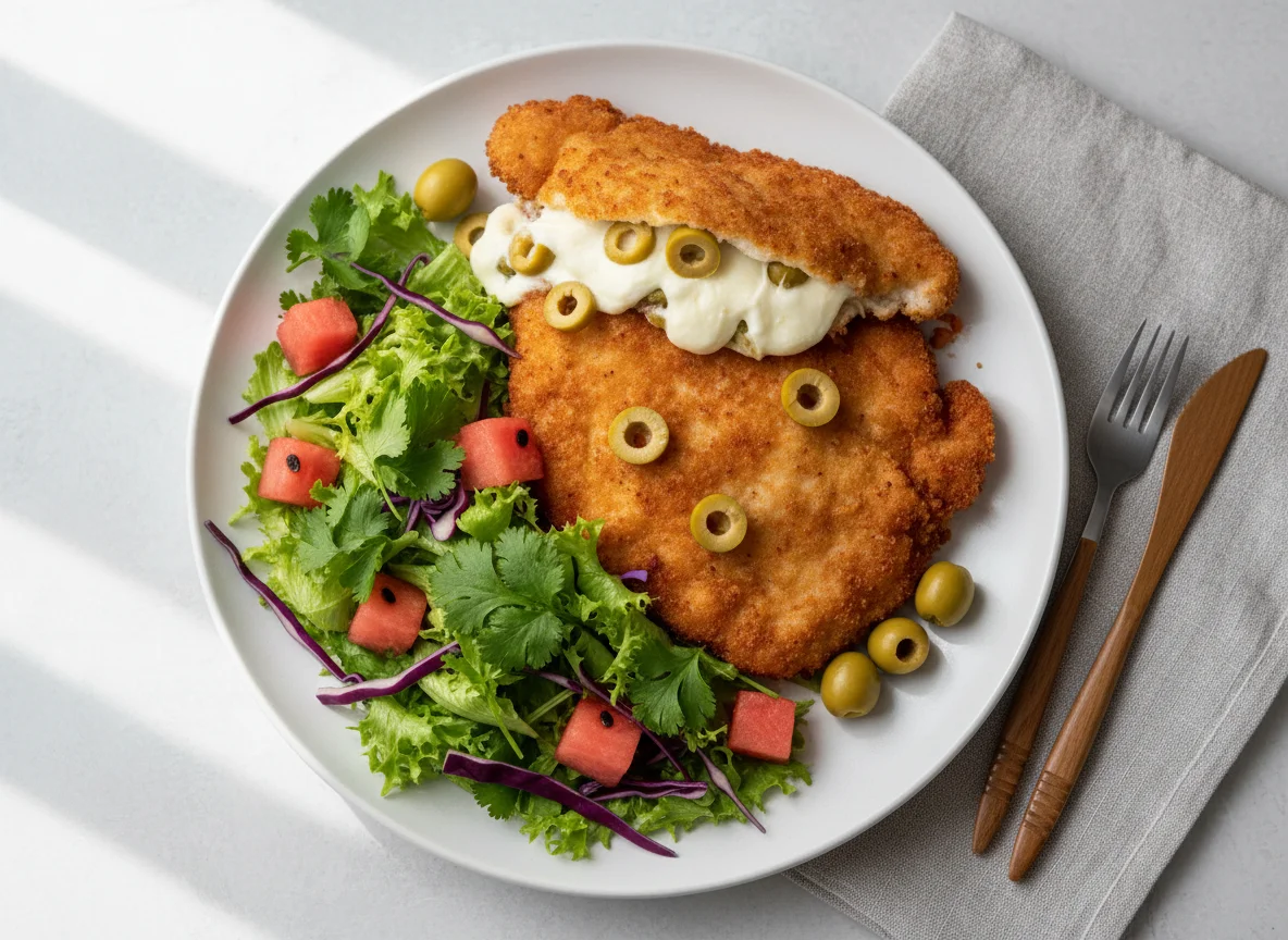 Milanesa rellena con ensalada y sandía photo