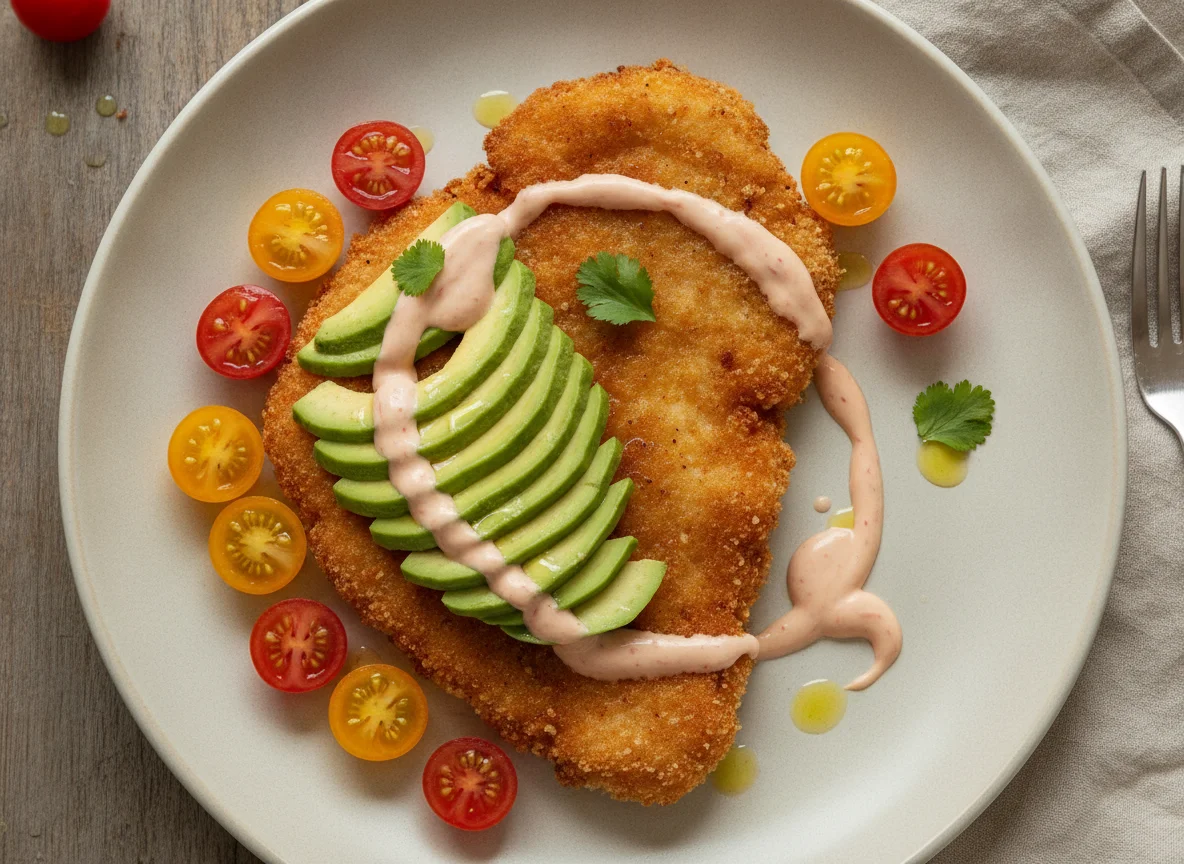 Milanesas con palta, tomates cherry y aderezo photo