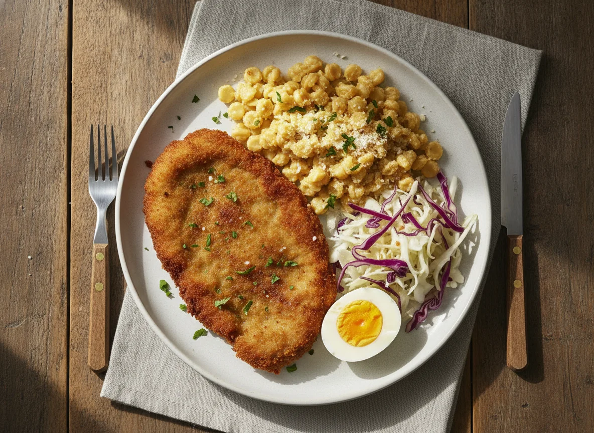 Milanesas con pasta y huevo duro photo