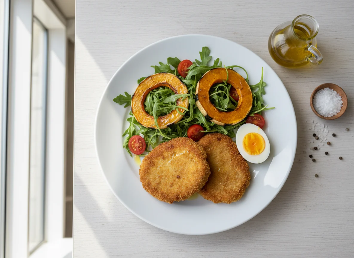 Milanesas de calabaza con ensalada y huevo photo
