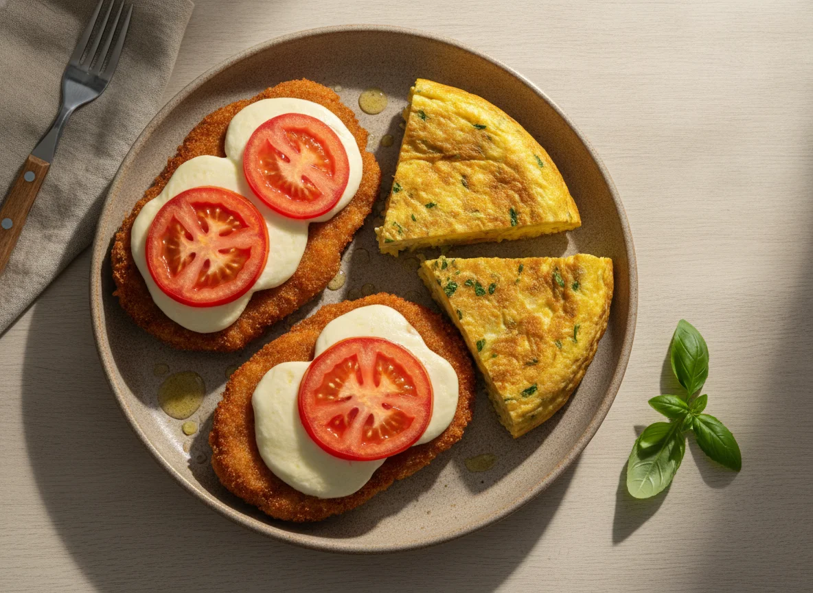 Milanesas de carne a la napolitana con tortilla de huevo photo