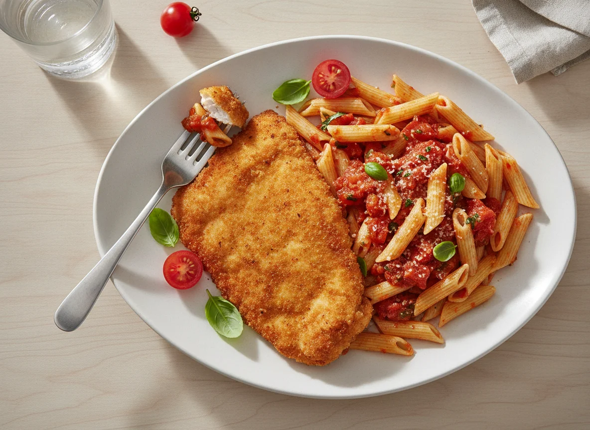 Milanesas de pollo con pasta y tomate photo