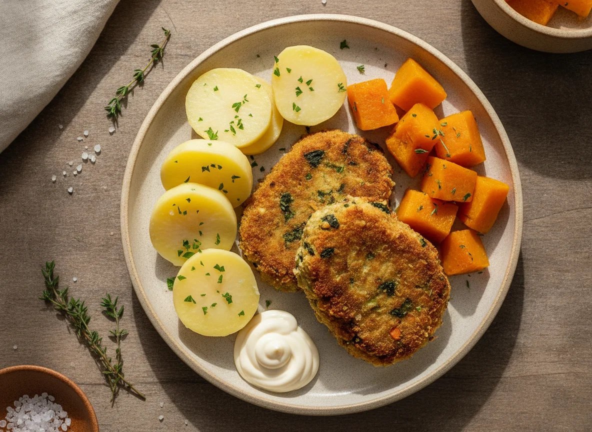 Milanesas de verdura con papas y calabaza photo