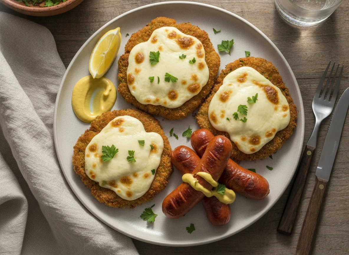 Milanesas de verdura con salchichas y mostaza photo