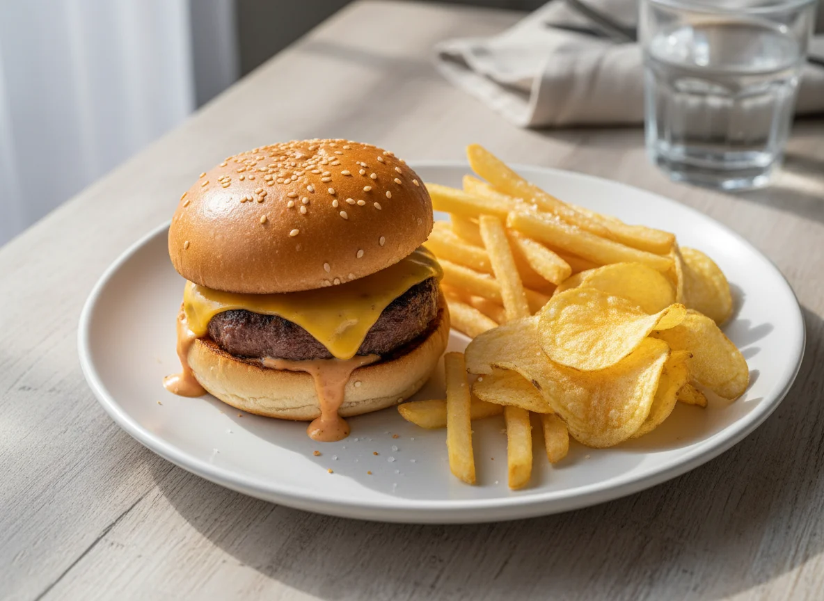Mini hamburguesa con patatas fritas y patatas chips photo