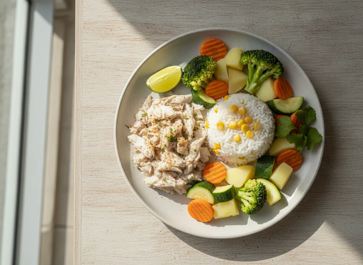 Mojarra desmenuzada con arroz y verduras al vapor photo