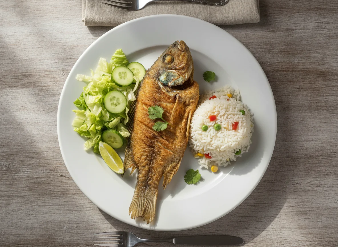 Mojarra frita con arroz y ensalada photo