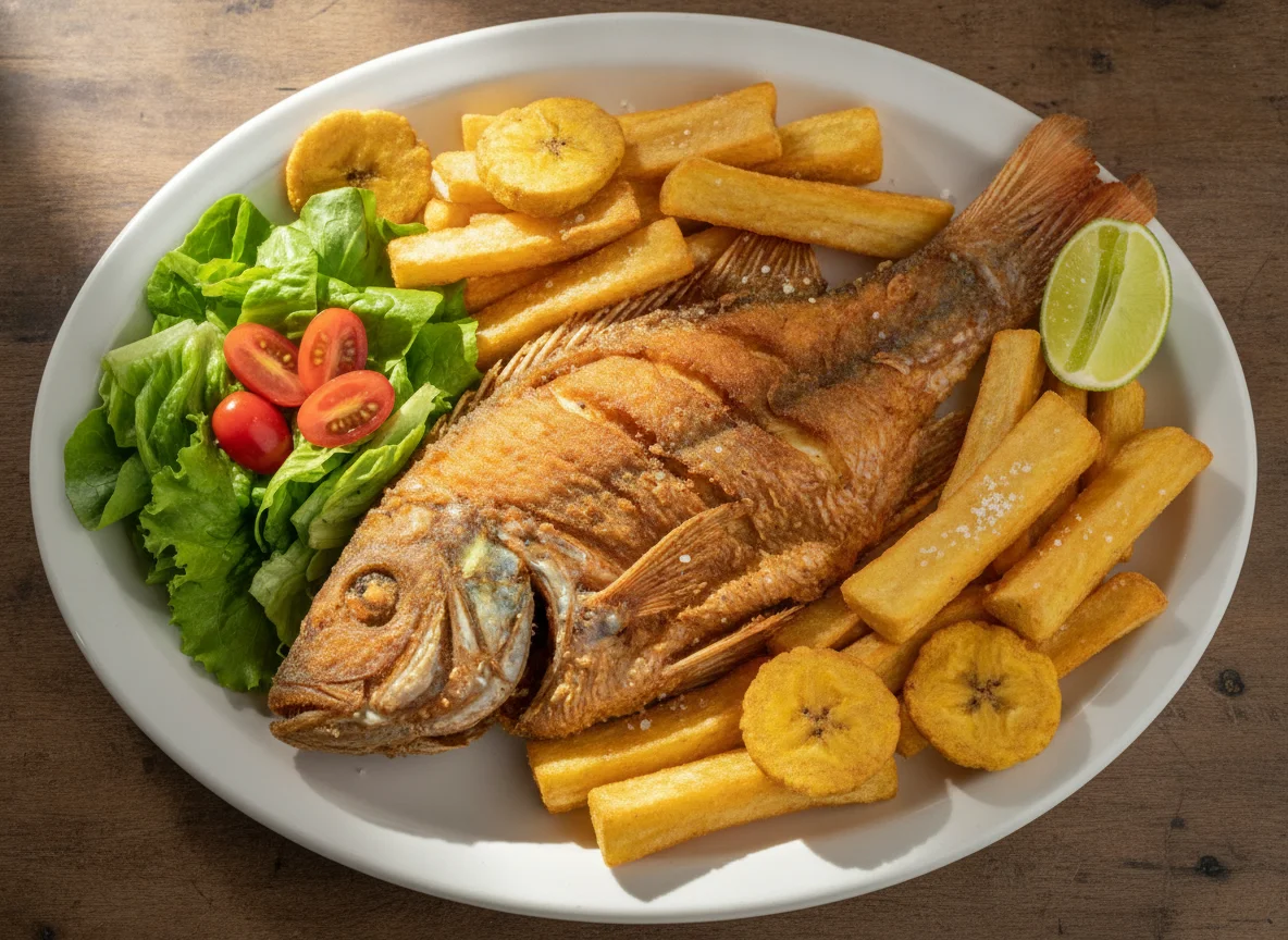 Mojarra frita con yuca y ensalada photo