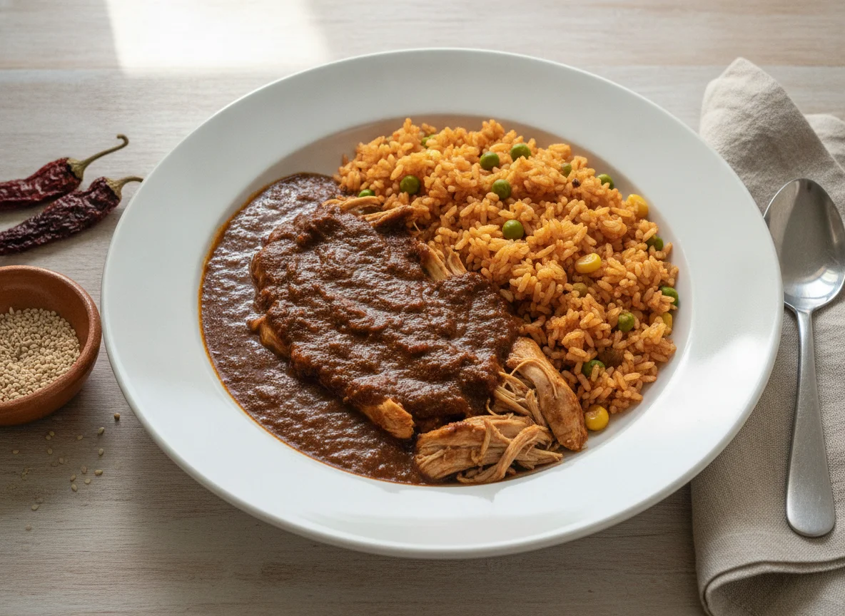 Mole con pollo y arroz rojo photo