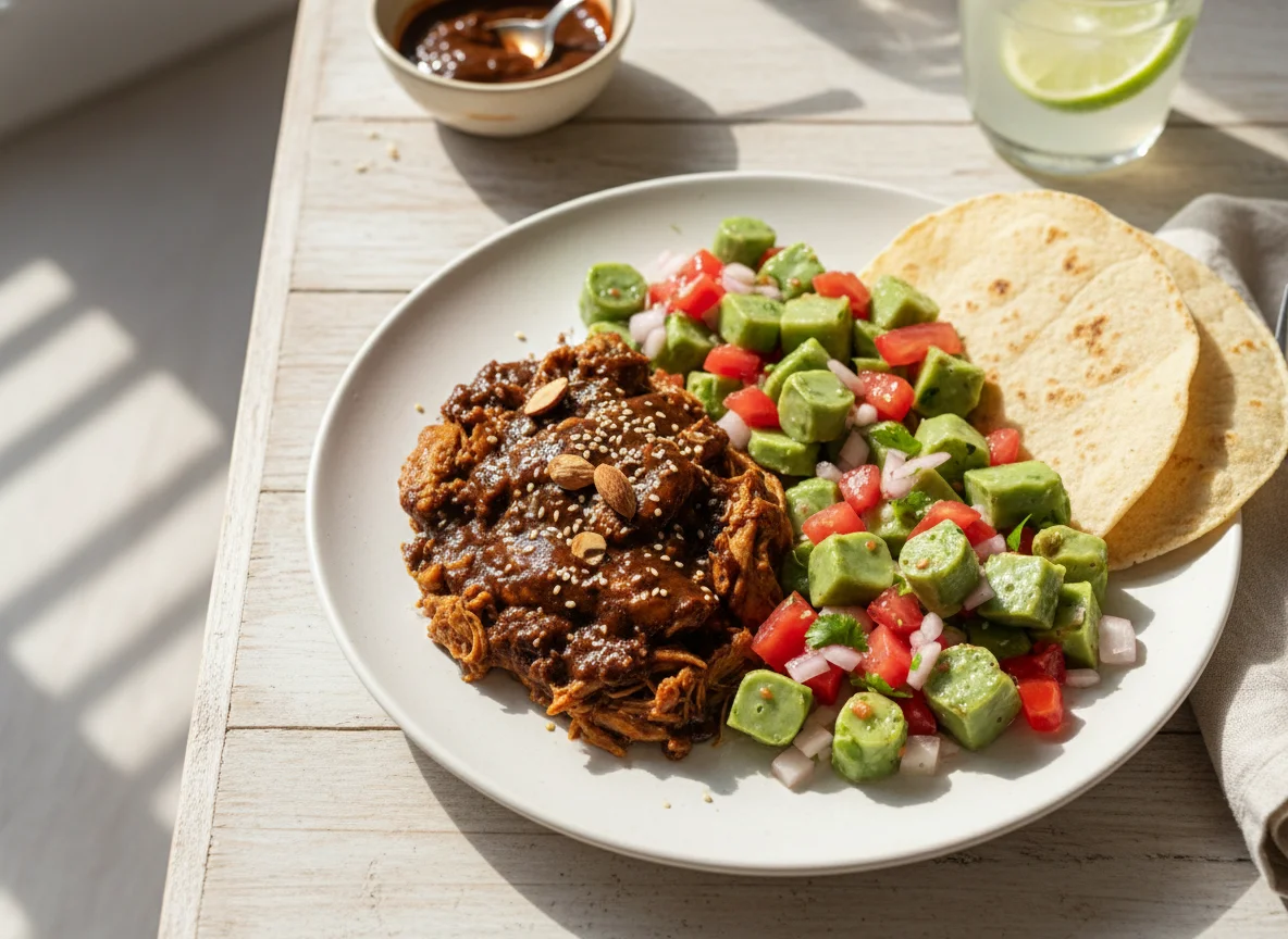 Mole con pollo y ensalada de nopalitos photo