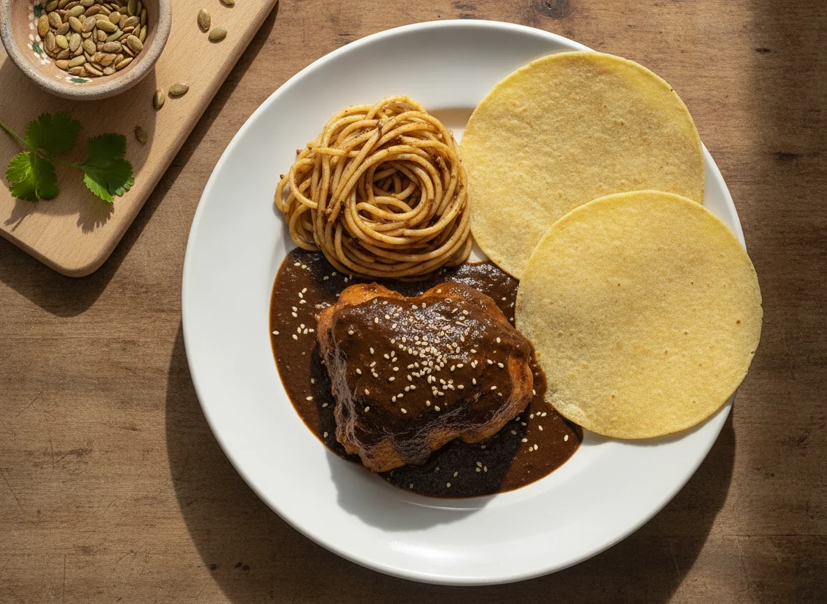 Mole poblano con pollo, espagueti y tortillas photo