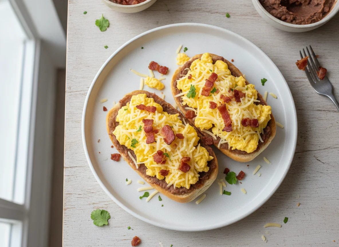 Molletes con huevo revuelto y tocino photo