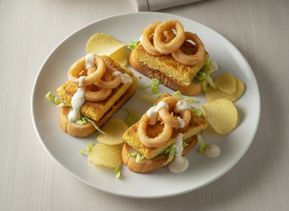 Montaditos de tortilla y calamares con patatas fritas photo
