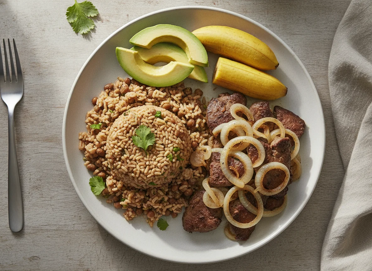 Moro de guandules con hígado encebollado, aguacate y guineo photo