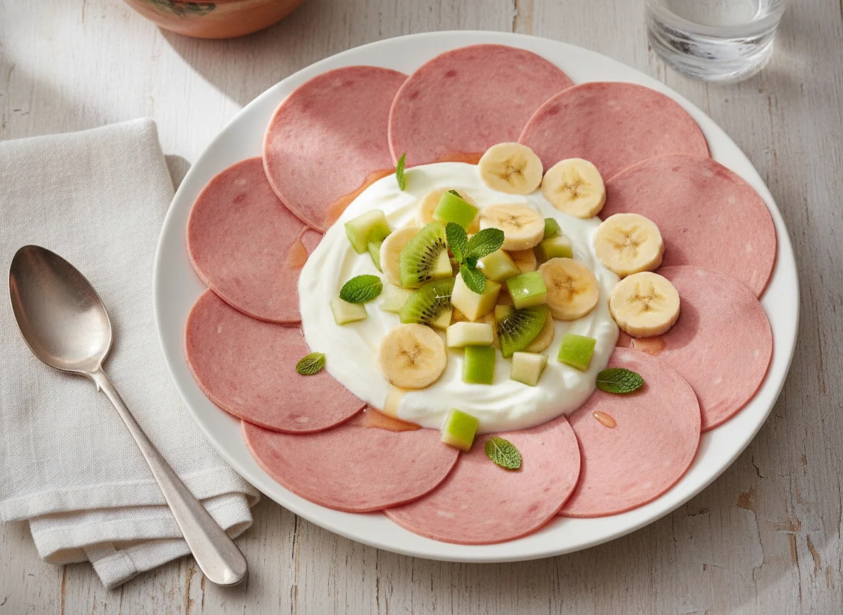 Mortadela con ensalada de frutas y yogur photo
