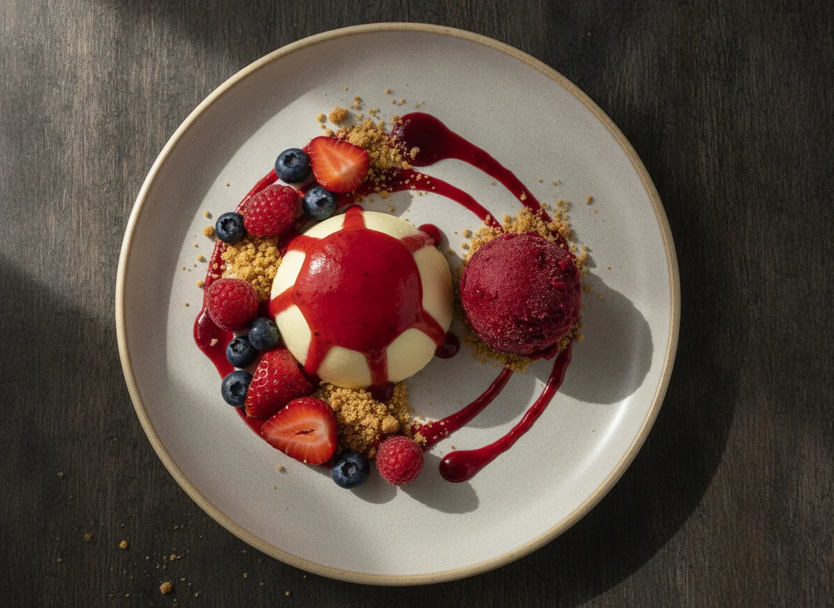 Mousse de chocolate blanco y frutos rojos con sorbete photo