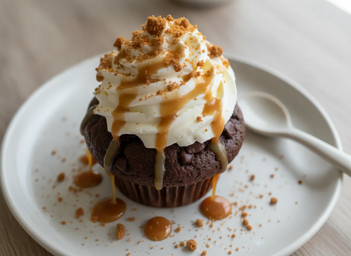 Muffin con nata montada y salsa de caramelo photo