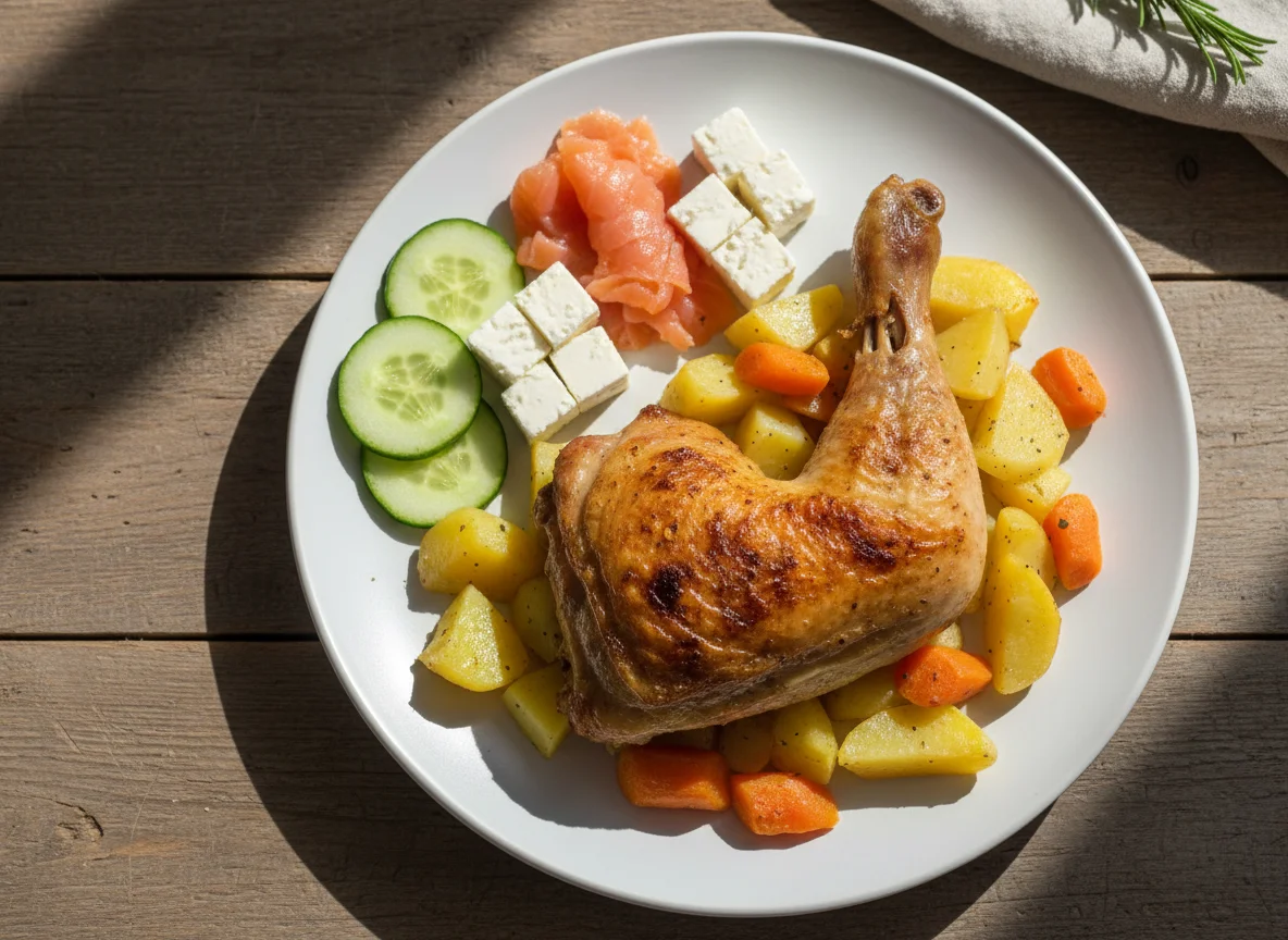 Muslo de pollo asado con patatas y aperitivo photo