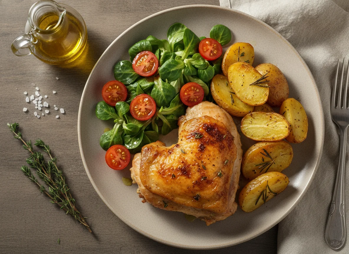 Muslo de pollo asado con patatas y ensalada photo