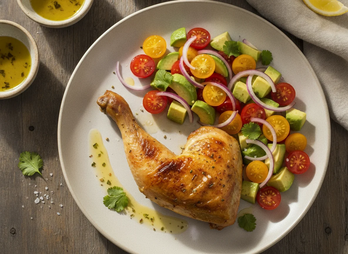 Muslo de pollo con ensalada de aguacate y tomate cherry photo