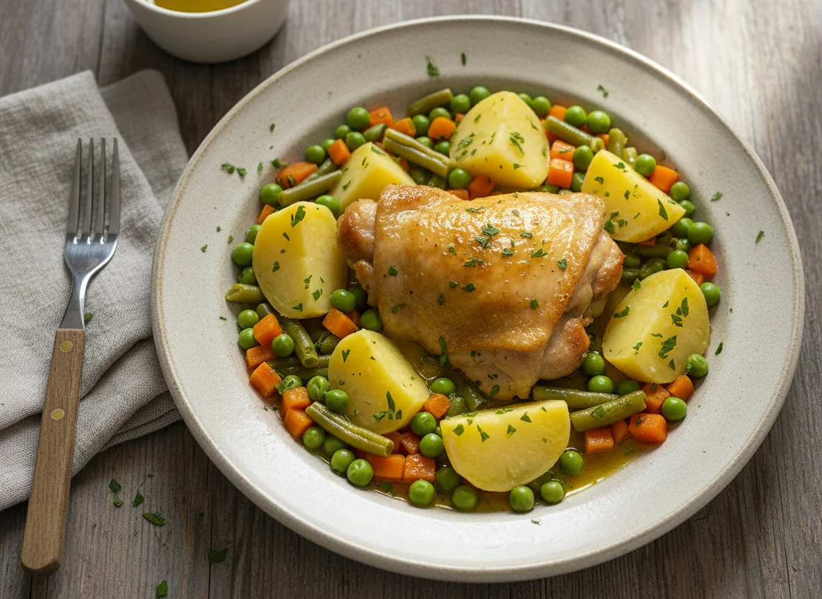 Muslo de pollo con guisantes, zanahorias y patata photo