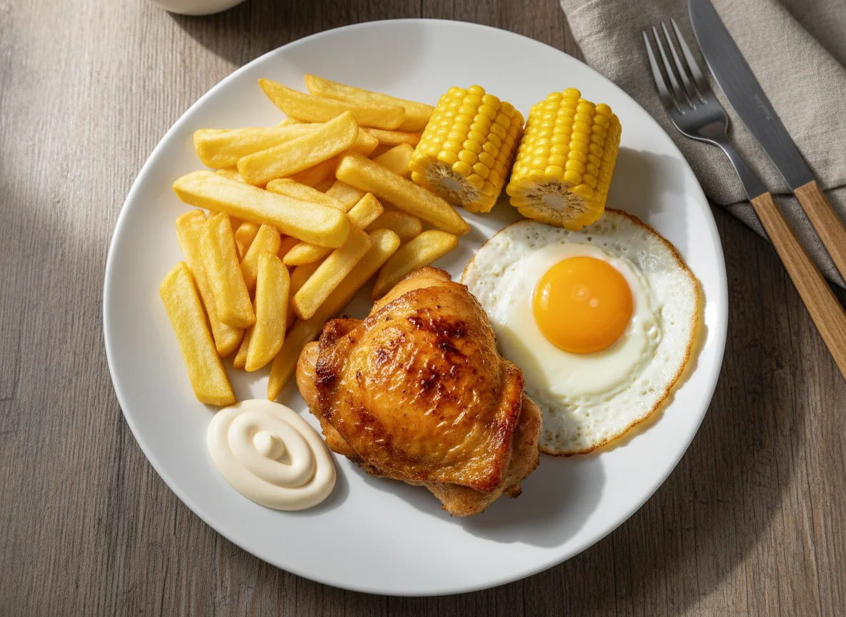 Muslo de pollo con patatas fritas, huevo frito, mayonesa y mazorcas de maíz photo